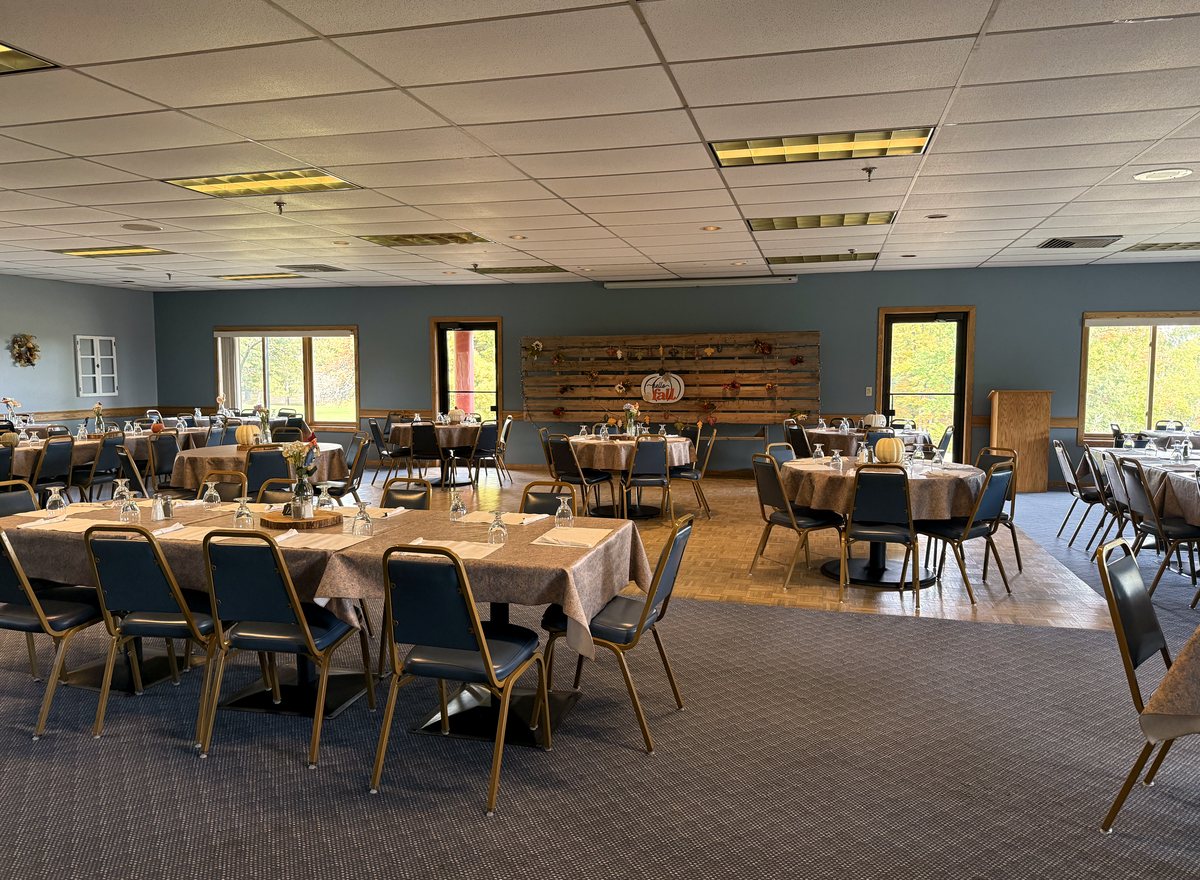 Oak Crest's banquet hall laid out with tables for an event