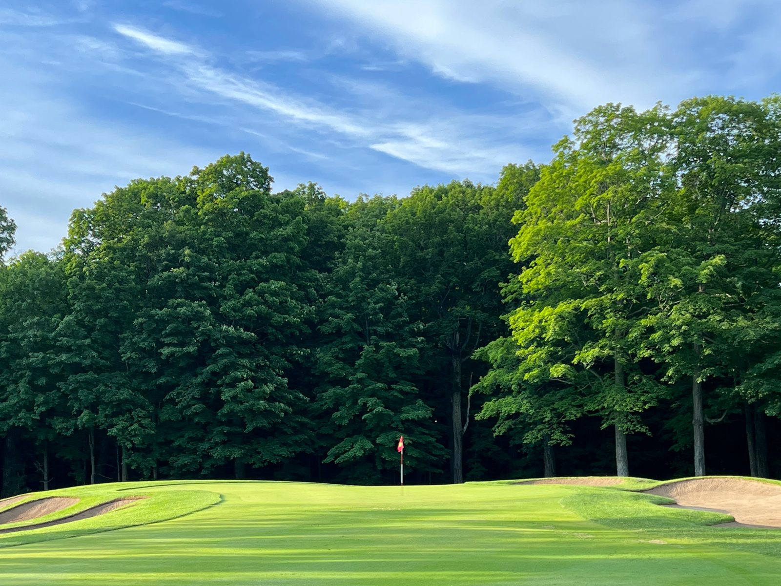 A green framed by tall trees under blue Upper Peninsula sky