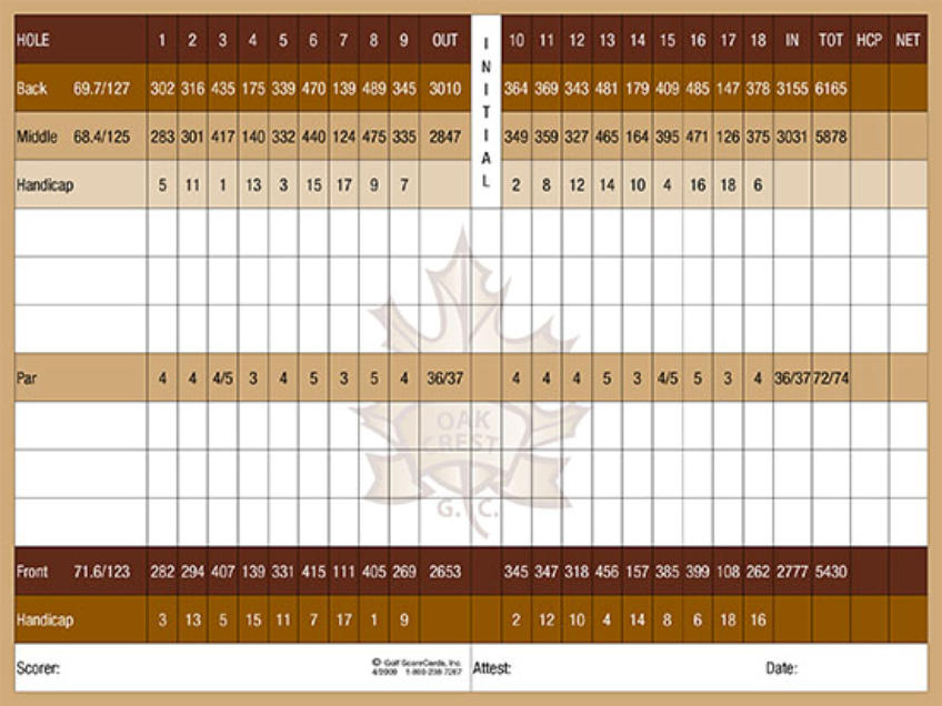 Oak Crest Golf Scorecard